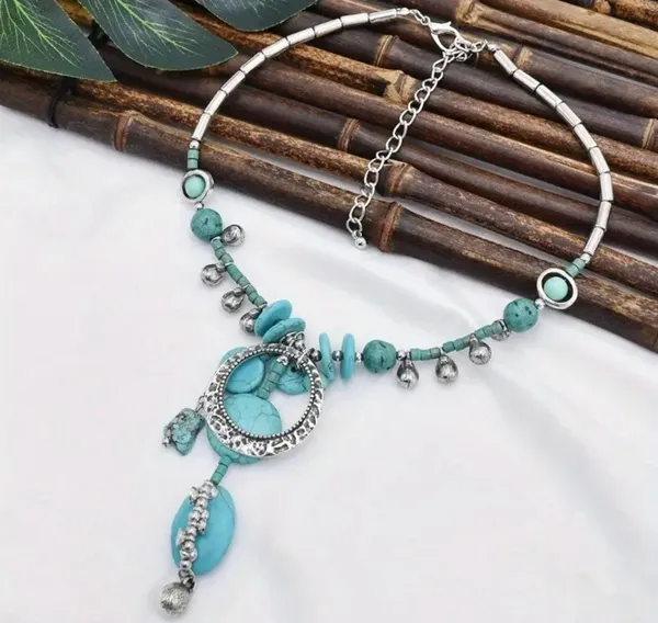 Blue and silver beaded necklace with turquoise stones - Image 2