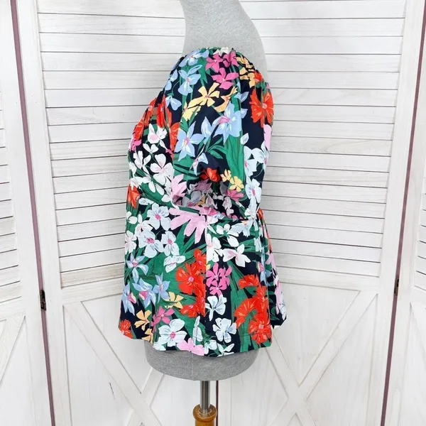 Old Navy Floral Puff Sleeve Peplum Flared Hem V‎ Neck Top Shirt Blue Multi Small - Image 3