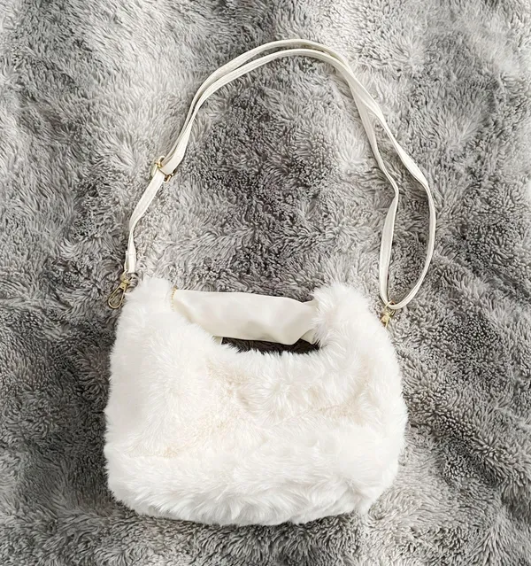 White Y2K Faux Fur Soft Two-way Crossbody Mini Handbag Purse - Image 6