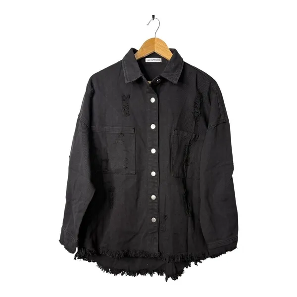 T&C Apparel Distressed Denim Shacket Womens Medium Black Frayed Hem‎ Oversized - Image 4