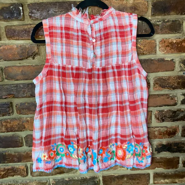 Sister Mary Red Plaid Floral Embroidered Sleeveless Top Women's Size Small - Image 7