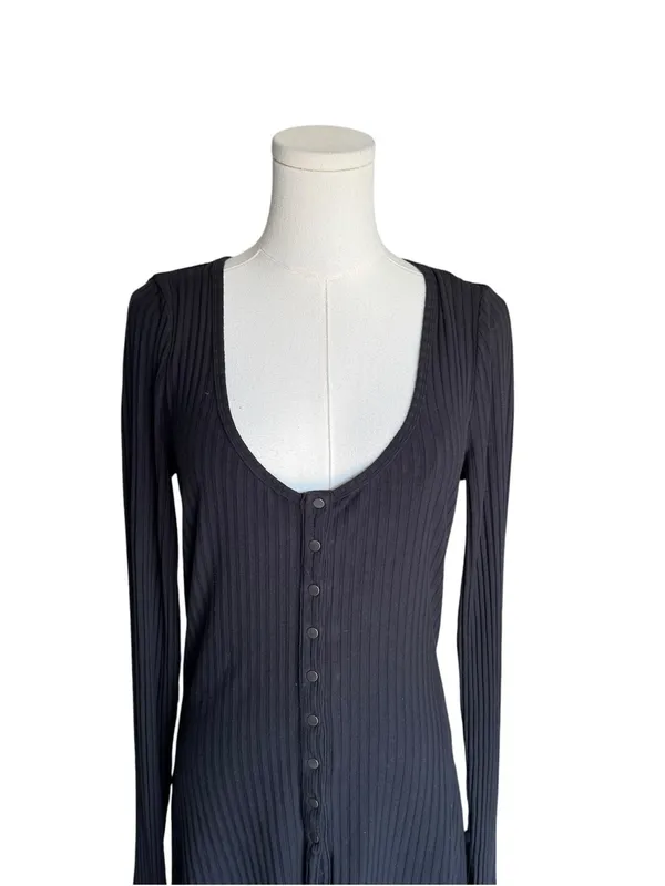 Anthropologie - Black Ribbed Snap Front Long Sleeve Top Organic Cotton Sz M - Image 5