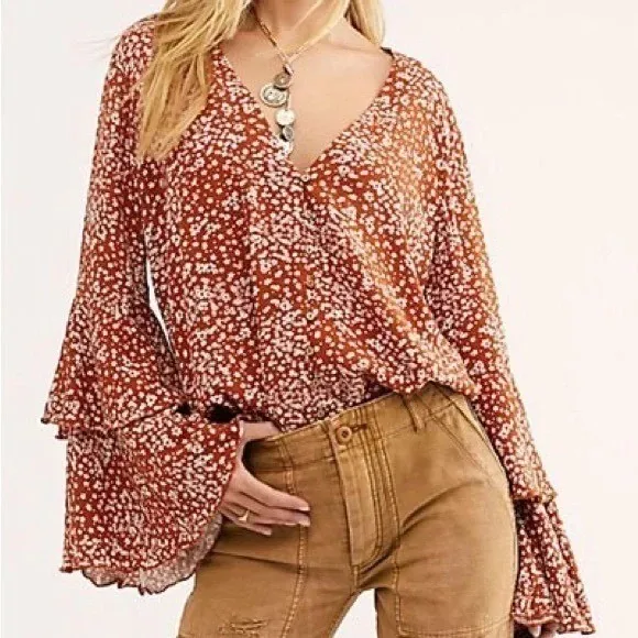 Free People Orange Ditsy Floral Lace Bell Sleeve Bodysuit Feminine Festival S - Image 2