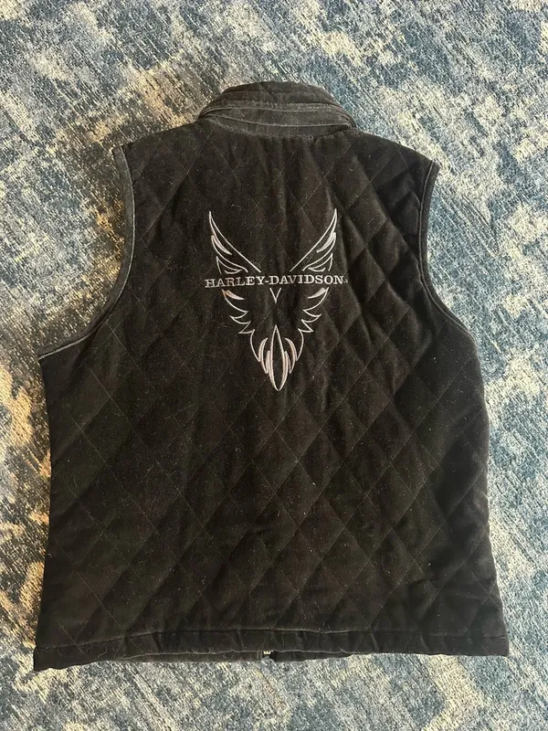 Harley Davidson Black Vest Velvet Embroidered Zip Women’s Medium Biker Goth Y2K - Image 2