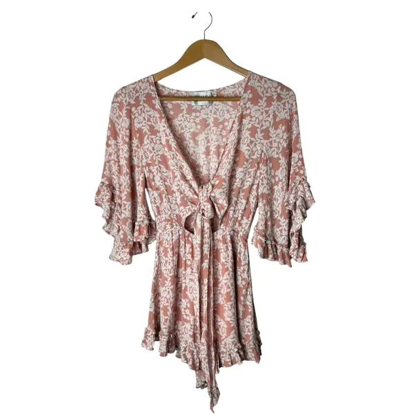 Hello Molly Floral Romper Women XS Pink Ruffle Tie Front Cutout Boho Cottagecore - Image 2