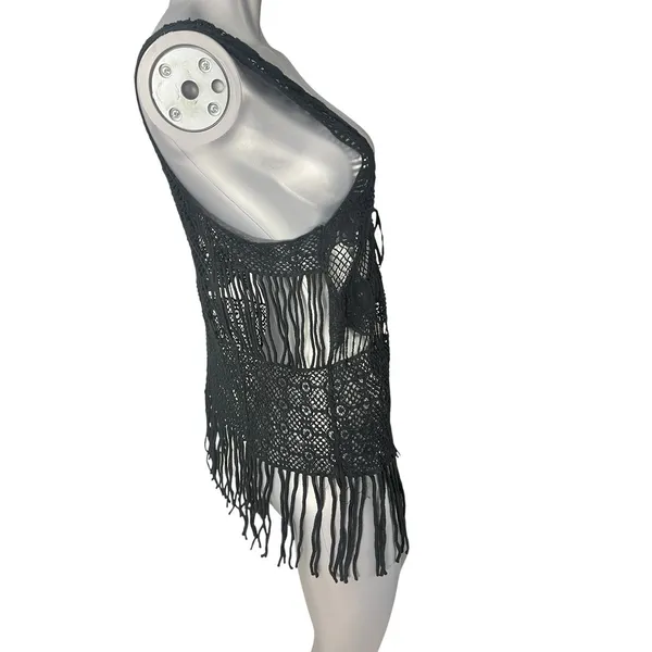 Black Crochet Fringe Vest Boho Chic Fairycore Knit Festival Tassels Badass Small - Image 4