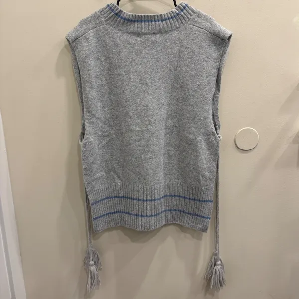Free People‎ All Star Stripe Poncho Vest Gray Blue V-Neck Side Tie Tassels OS - Image 5