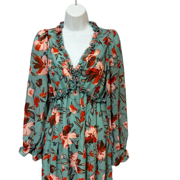 Floral Ruffle V-Neck Maxi Dress Sage Green Boho Tiered Empire Waist Small - Image 5