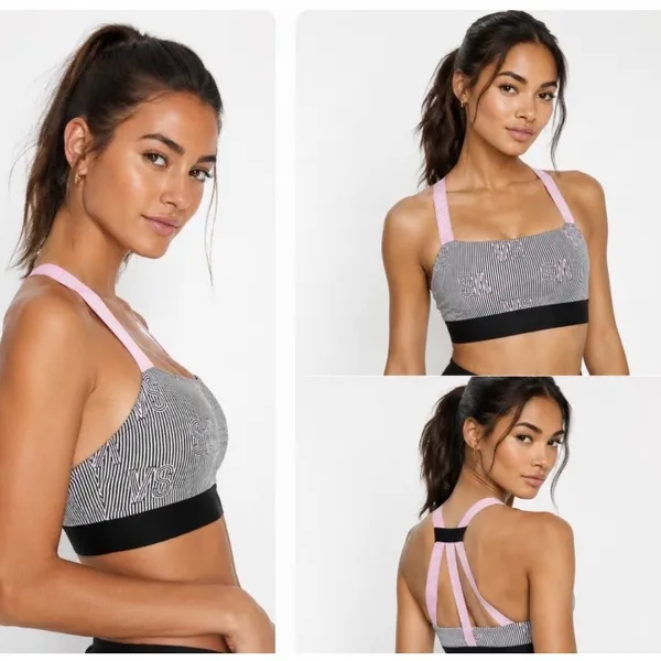 Victoria Sport Strappy Racerback Sports Bra Black White Striped Logo Pink Small - Image 3