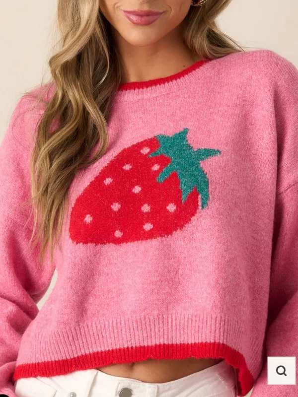 Luna Ivy Pink Knit Strawberry Crewneck Sweater Women’s Small - Image 2
