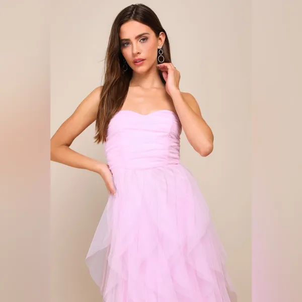 LULU’S Delightful Beauty Pink Mesh Strapless Ruched Ruffled Maxi Dress - Image 3