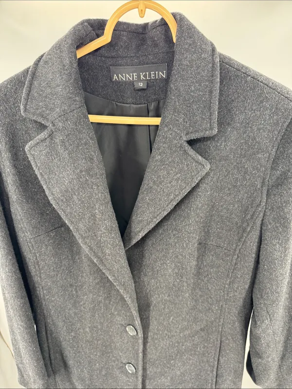 Anne Klein black dark Charcoal Gray Tailored Trench car Coat 100% wool winter - Image 3
