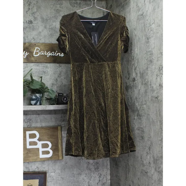 NWT Tommy Hilfiger Ruched Velvet Puff Sleeve Fit Flare Dress Bronze / Black 4 - Image 4