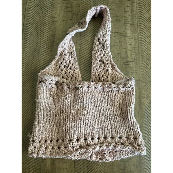 LeRok Vintage Y2K Knit Halter Crop Top Chain & Ring Embellished Beige - Small - Image 2