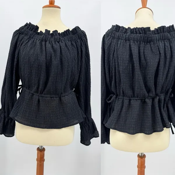 SCOOP Off Shoulder Peplum Blouse Black Tie Waist Long Ruffle Sleeve Casual Top L - Image 2
