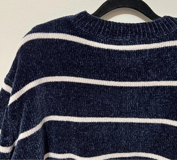 Luv Lane Striped Chenille Knit Sweater Dark Blue White Crewneck S - Image 5