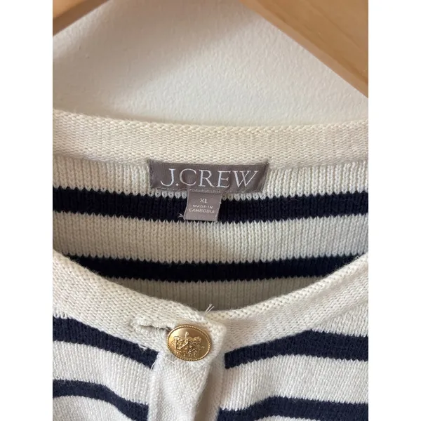 J.Crew Emilie Patch-Pocket Cardigan Sweater Navy White Striped Gold Button XL - Image 2