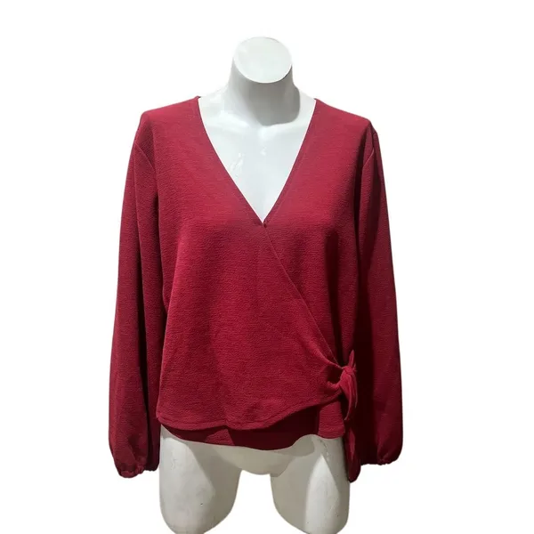 Madewell Women's XL Red V-Neck Wrap Blouse Long Sleeve Casual Top - Image 3