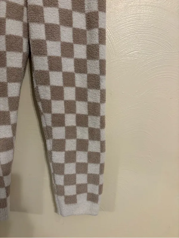 ComfyLuxe Plush Checkerboard Lounge Pants Soft Cozy M/L Beige Cream - Image 8