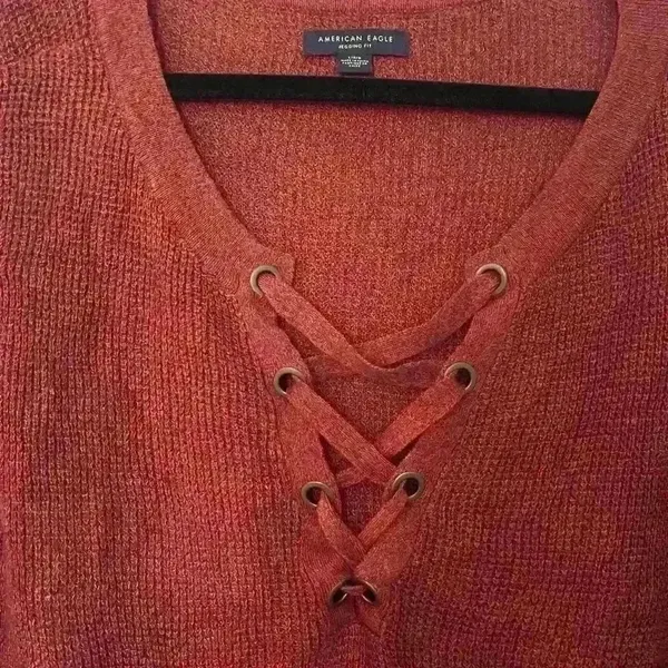 American Eagle Jegging Fit Brick Red Long Sleeve Lace Up V Neck Sweater Size L - Image 3