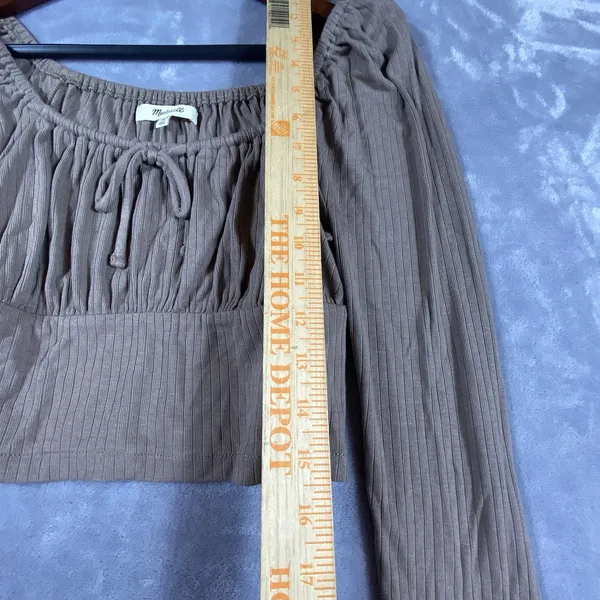Madewell Ribbed Square Neck Keyhole Tie‎ Long Slv Crop Top Medium Brown Hipster - Image 7