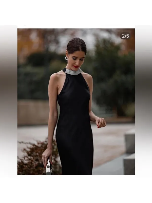 ZARA Black Maxi Halter Dress with Silver Embellished Neck - Image 4