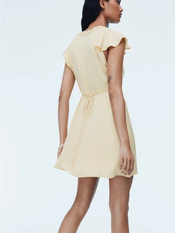 H&M Lace-Trim V-Neck Mini Dress in Light Yellow Sz L - Image 3