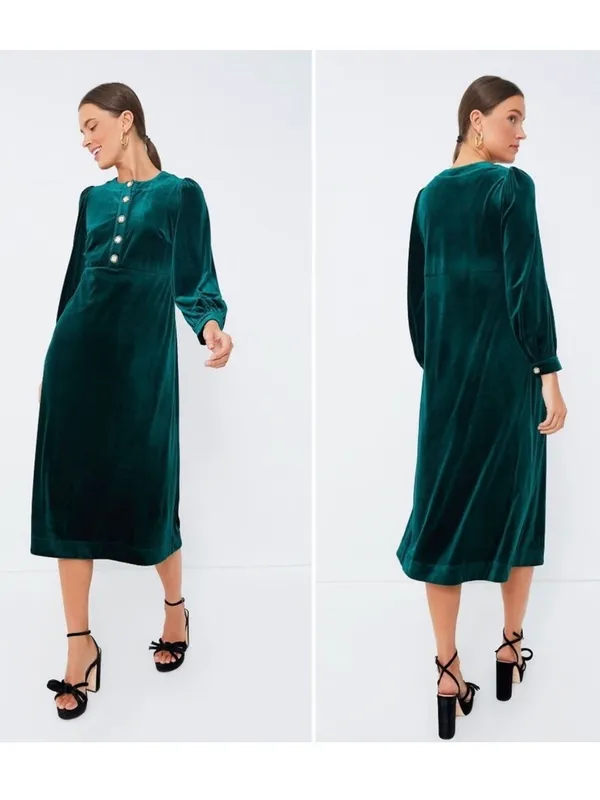 Tuckernuck Pomander Place Arabella Midi Dress in Emerald Green Velvet Size Small - Image 2