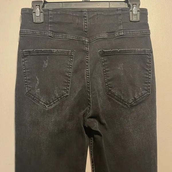 RISEN- Flare High Waist Black Pull On Distressed Vintage Look Raw Hem Jeans- S - Image 7