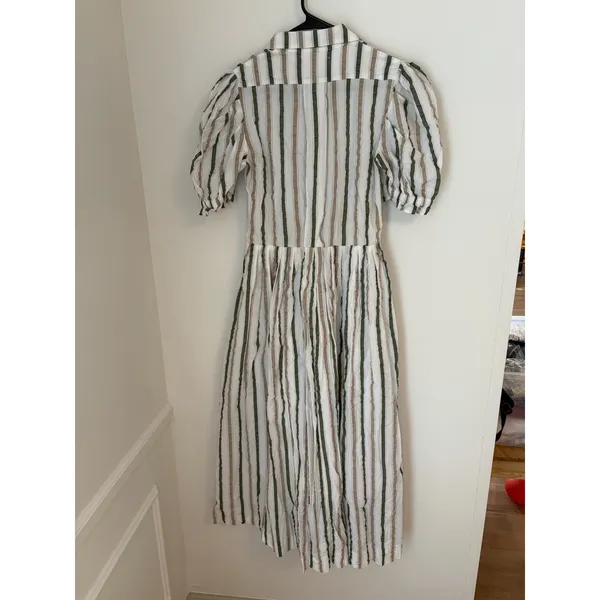 Buru Small Midi White Dress Striped Button Down Luxury Brunch VSCO Girl - Image 5