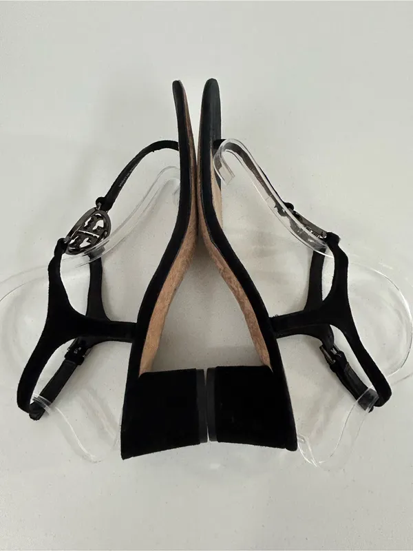Tory Burch Black Suede Crystal Logo T-Strap Block Heel Sandals Size 9.5 - Image 3