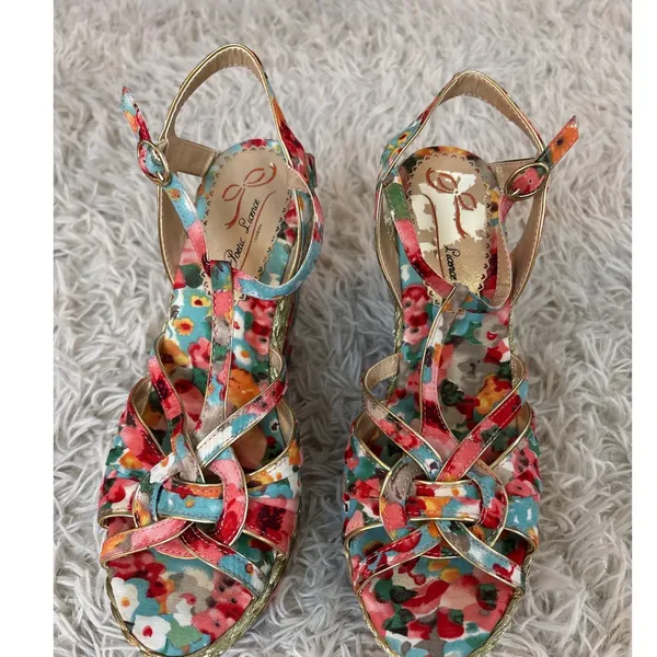 Poetic Licence Floral Wedge Sandals Women's 9 Multicolor‎ Open Toe Ankle Strap - Image 3