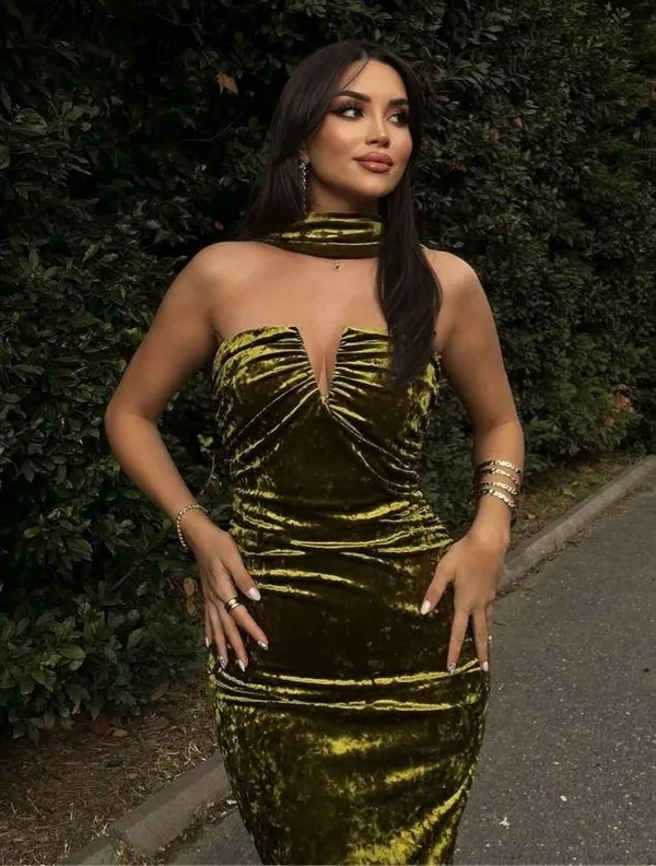 Zara dress velvet Halter neck shawl corset bodycon velour green evening gown - Image 3