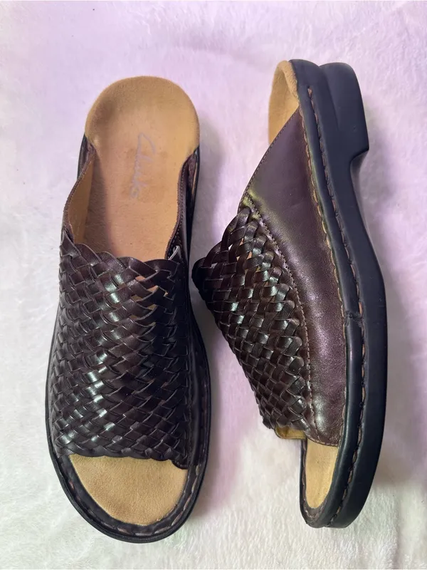 Clarks womenDark Brown Woven Leather Slide Sandals - Image 5