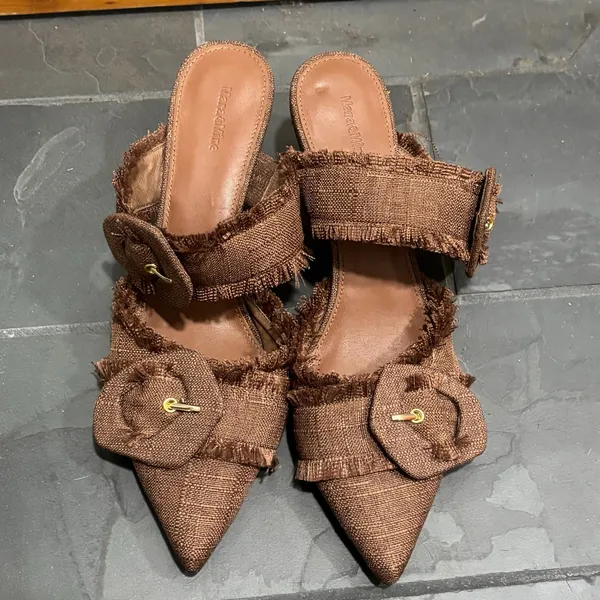Mara & Mine Brown Canvas Raw-Edge Trim Mules - size 10 - Image 2