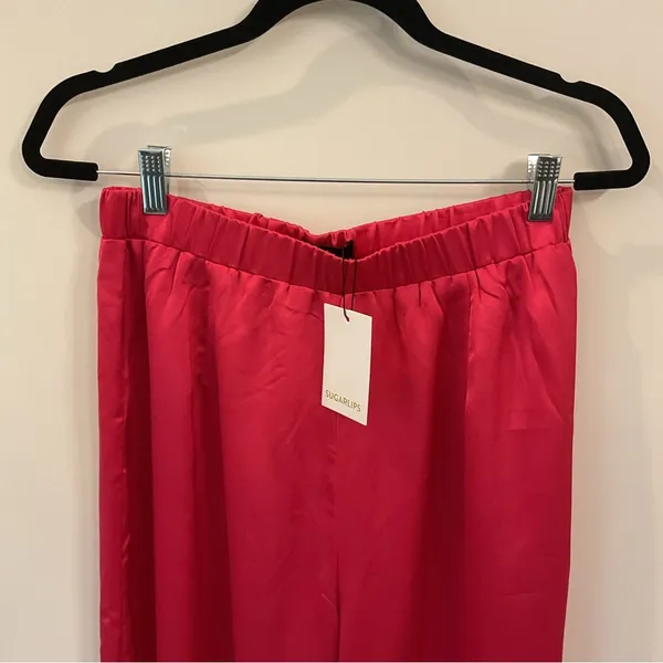 NWT Sugarlips Chateau Satin Free Spirit Wide Leg Pants Fuchsia Medium - Image 3