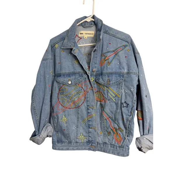 ASOS x Refinery29 Space Embroidered Denim Jacket Light‎ Wash Rocket Star XS - Image 3