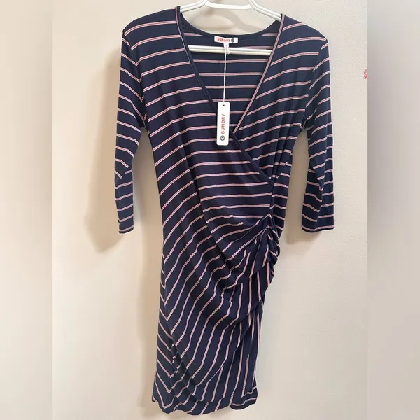 NEW Anthropologie Sundry Fabian Faux Wrap‎ Striped Shirt Dress Women’s 1/S Navy - Image 2