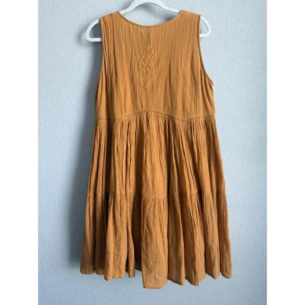 Talisman Athena Embroidered Mini Dress Large Mustard Yellow Boho Tiered Festival - Image 5