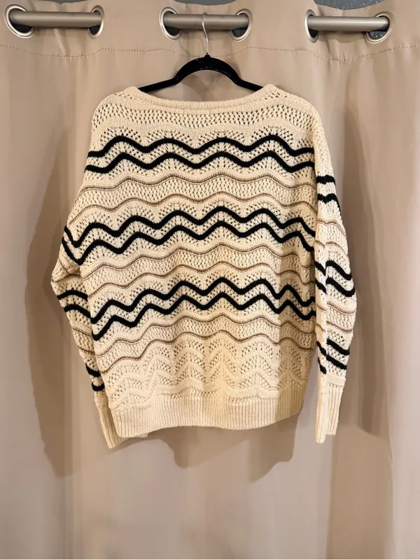 Skies Are Blue Cream Open-Knit Sweater with Black Wave Stripes - Image 2