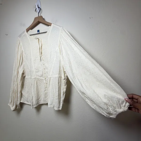 Old Navy Women Cotton Roma Blouse XL White Eyelet Embroidered Balloon Cottage - Image 9