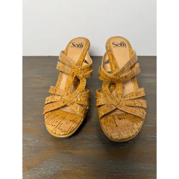 Söfft Cork Leather Strappy Heeled Sandals Tan Natural Boho Size 7M - Image 6