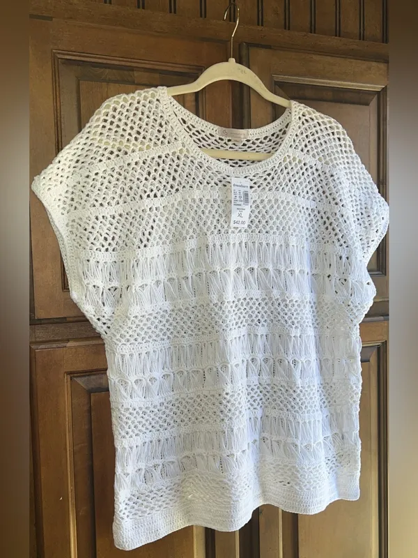 Dressbarn white Crochet Open Weave Short Sleeve Sweater Top XL New - Image 5