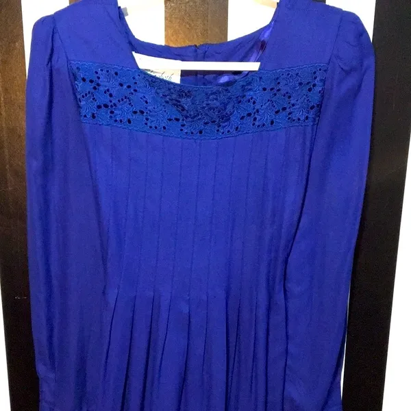 Vintage 80s Royal Blue Prairie Dress Modest Long Sleeve Size 12 Woman’s Large XL - Image 14