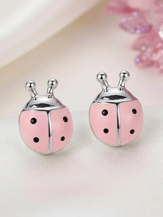 Pink Ladybug Stud Earrings - Cute Silver-Tone Girls Jewelry - Image 2