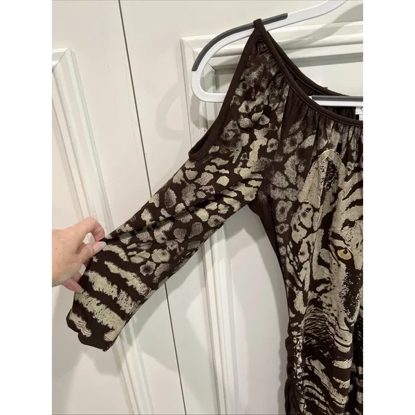 Vintage Cache Tiger Face Bodycon Dress Fierce Wild Brown & Gold‎ Ruched Stretch - Image 3