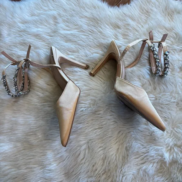 Lulu's Embellished Ankle Strap Champagne Satin Pointed Toe Heels - Image 6