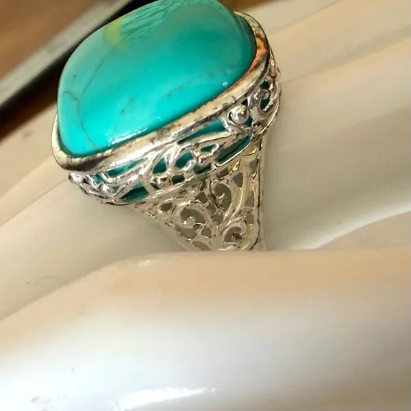 Vintage Sterling Silver 925 Turquoise Filigree Statement Ring - Image 4