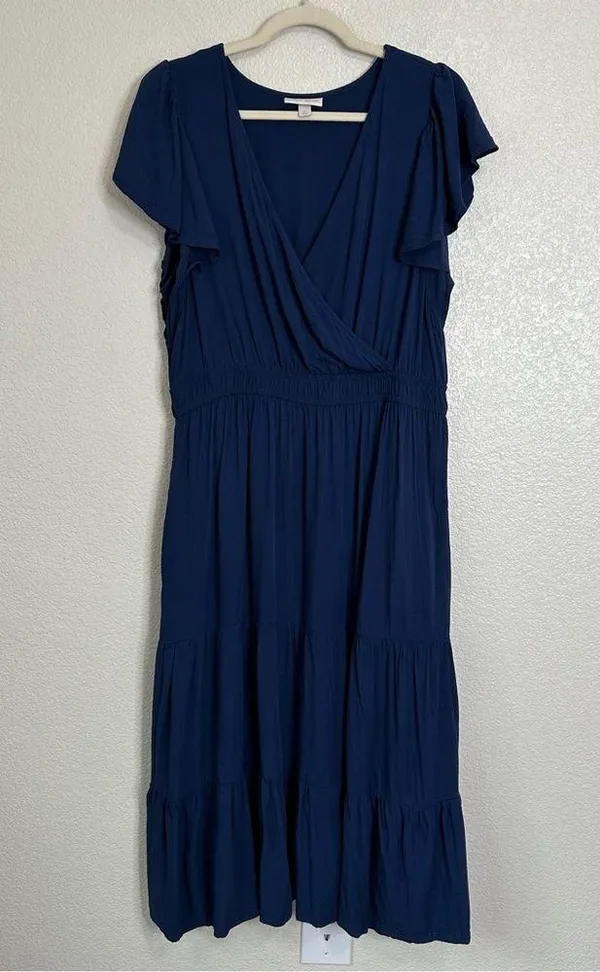 Knox Rose Navy Blue Flutter Short Sleeves Tiered Midi Dress, Size XL - Image 2