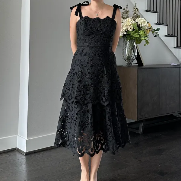 MESTIZA Cataleya Lace Floral Eyelet Tie Straps Black Midi Dress Sample - Image 2